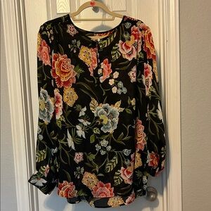 LOFT Black Floral Blouse with Multicolor Blooms